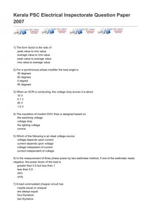 Kerala PSC Electrical Inspectorate Question Paper 2007